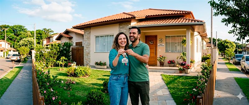 Casal feliz com chave do imóvel regularizado